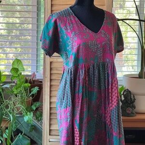 Vibrant Pink and Teal Floral V-Neck Maxi Dress